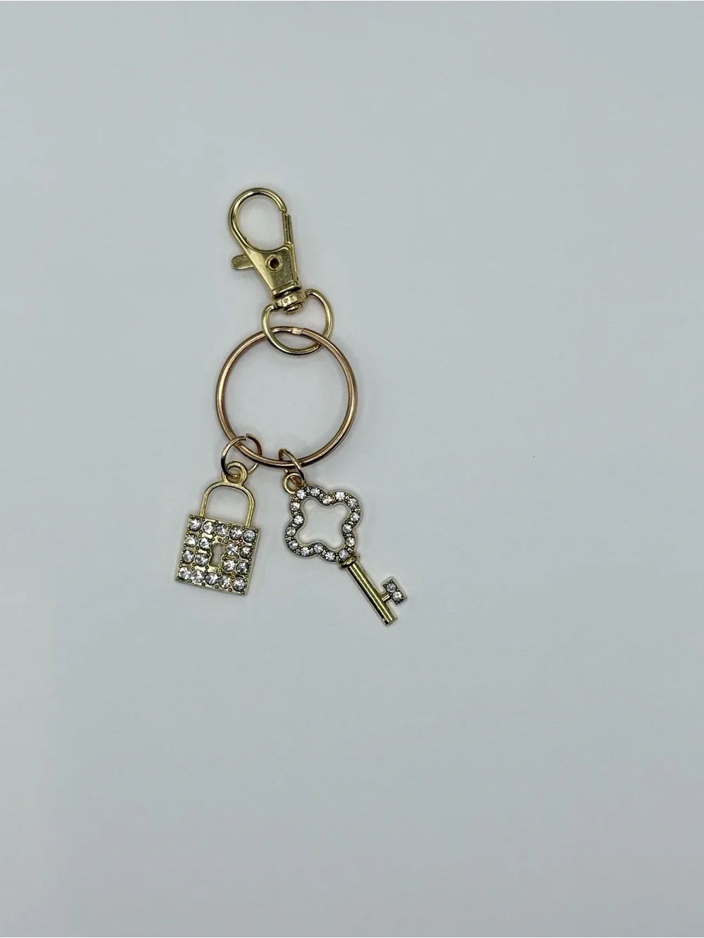 Gold-tone Key & Lock Crystal Charm Keychain